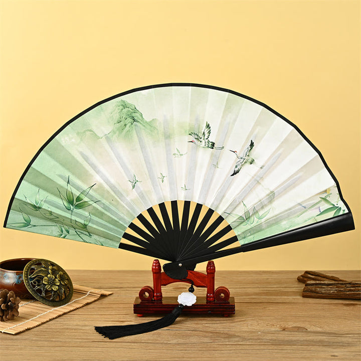 Buddha Stones Vintage Phoenix Nine Tailed Fox Flower Bamboo Tiger Handheld Folding Fan Lotus Tassel Fan - Bamboo and Crane - image 10