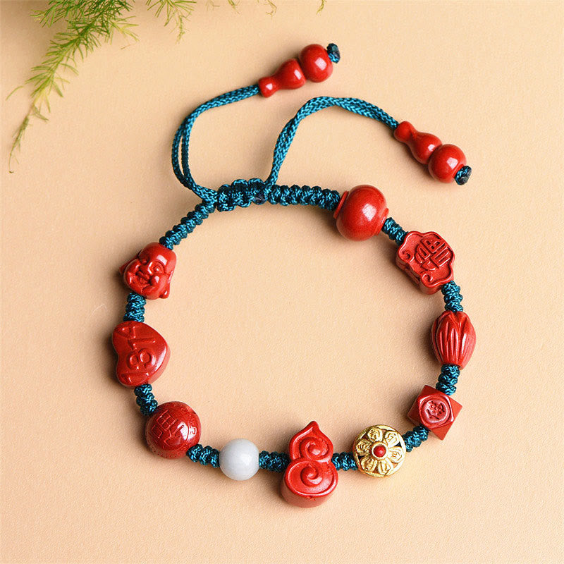 Buddha Stones Natural Cinnabar Gourd Om Mani Padme Hum Laughing Buddha Blessing String Bracelet - image 6
