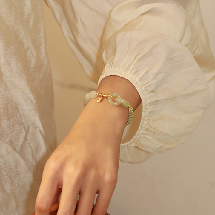 Buddha Stones Natural Hetian Jade Bead Double Peace Buckle Fu Character Abundance Braided Bracelet - image 9