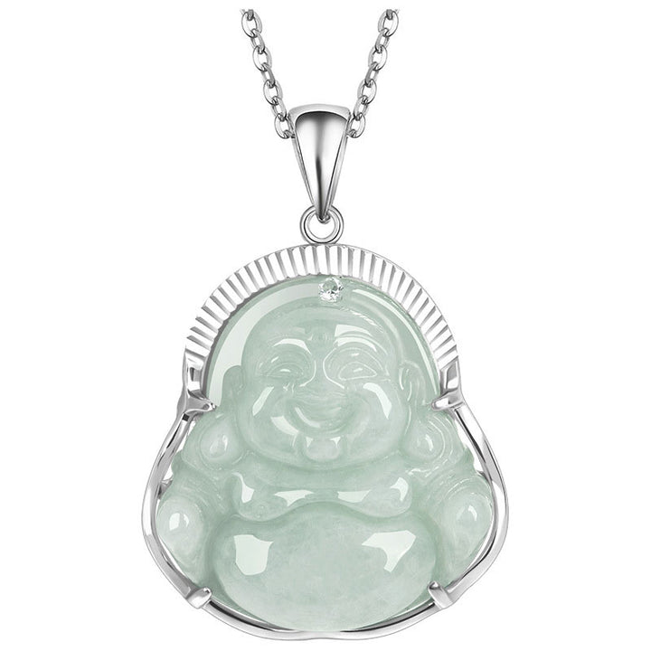 Buddha Stones Laughing Buddha Jade Luck Calm Titanium Steel Chain Necklace Pendant - image 5