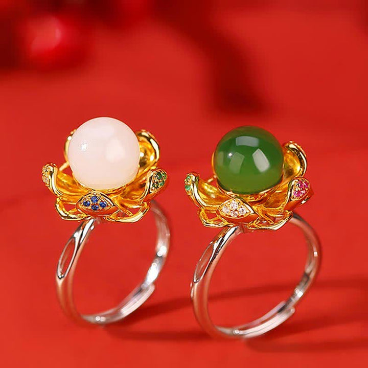 Buddha Stones 925 Sterling Silver White Jade Cyan Jade Lotus Flower Success Ring - image 12