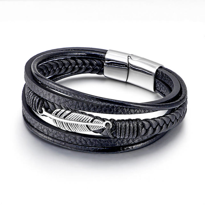 Buddha Stones Feather Pattern Multilayer Leather Titanium Steel Calm Braided Magnetic Buckle Bracelet - image 5