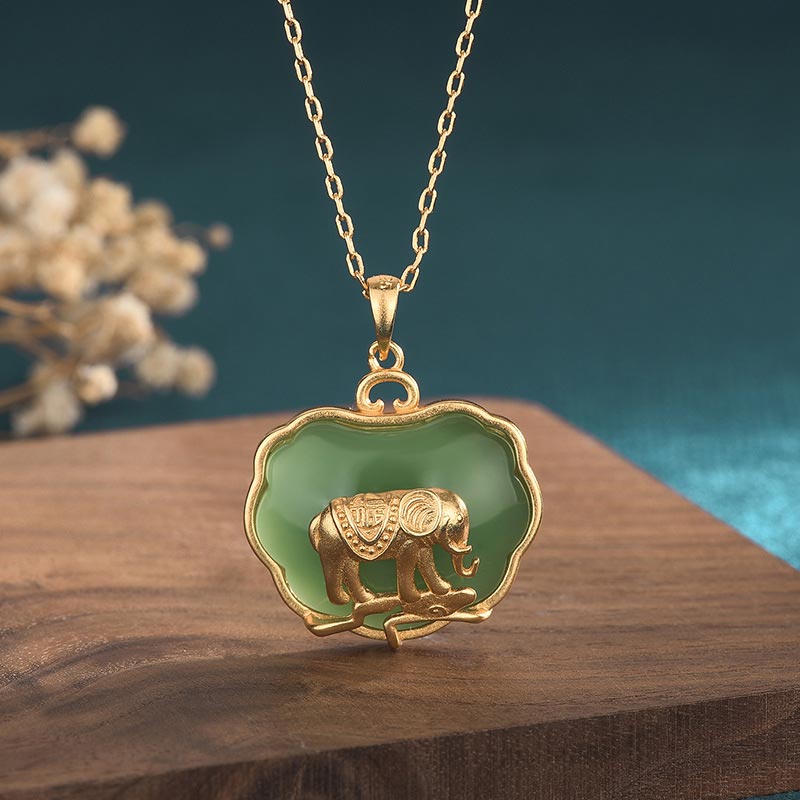 Buddha Stones Natural Jade Elephant Healing Necklace Pendant - 24*30mm - image 0