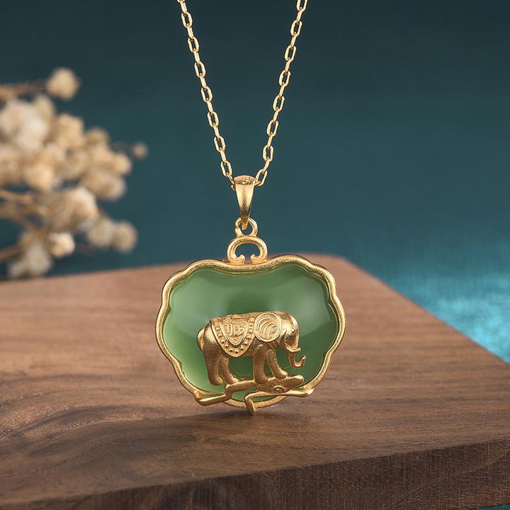 Buddha Stones Natural Jade Elephant Healing Necklace Pendant - 24*30mm - image 0