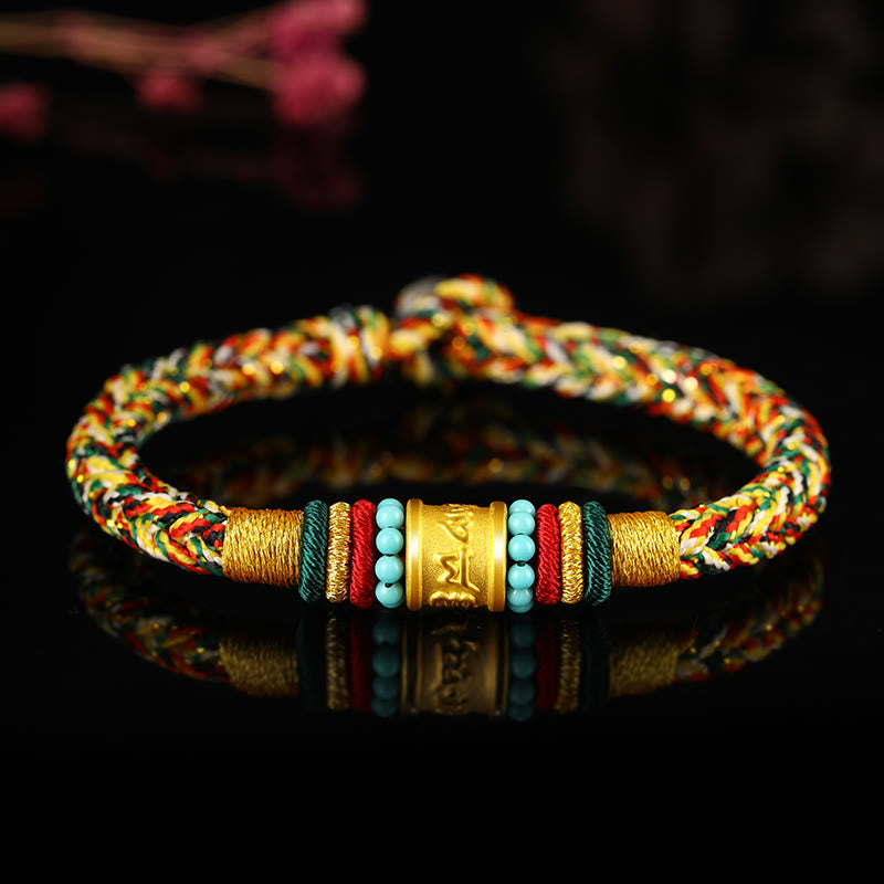 Buddha Stones Tibet 999 Gold Om Mani Padme Hum Handmade Eight Thread Peace Knot Luck Bracelet - Turquoise Rope Buckle Colorful Rope - 19cm - image 0