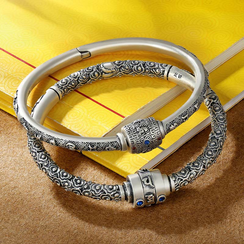 Buddha Stones 990 Sterling Silver Tibetan Auspicious Clouds Om Mani Padme Hum Engraved Creativity Bracelet Bangle - image 1