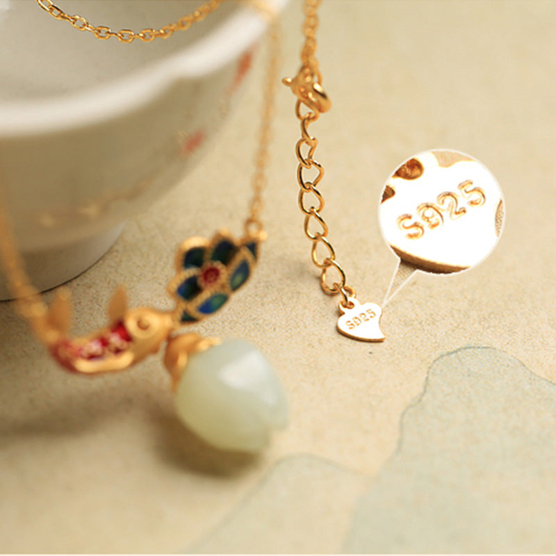 Buddha Stones 925 Sterling Silver White Jade Koi Fish Lotus Protection Necklace Pendant - image 6