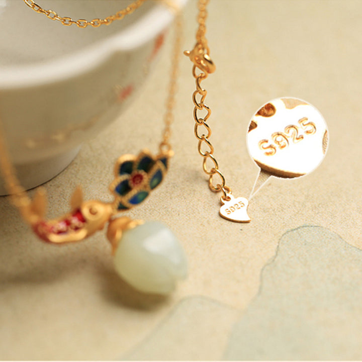 Buddha Stones 925 Sterling Silver White Jade Koi Fish Lotus Protection Necklace Pendant - image 6