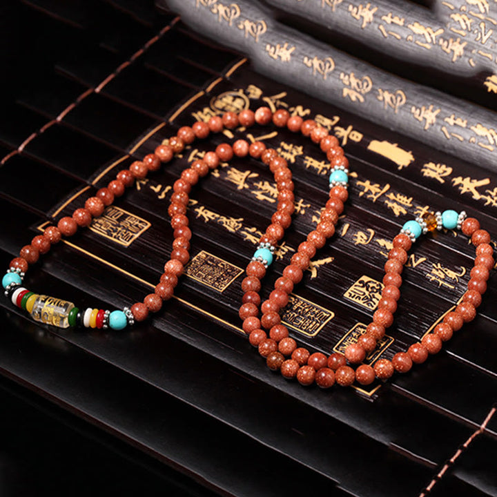 Buddha Stones 108 Mala Beads Goldstone Om Mani Padme Hum Swastika Confidence Bracelet - image 7