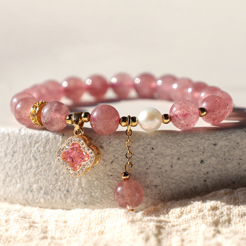 Buddha Stones Strawberry Quartz Pearl Four Leaf Clover Charm Healing Bracelet - image 7