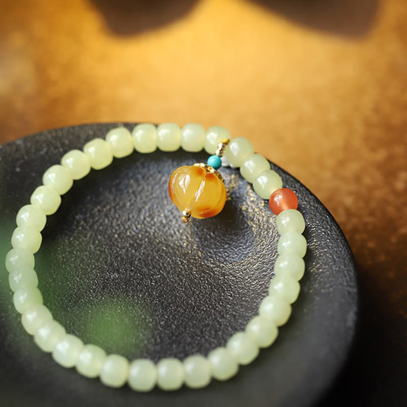Natural Hetian Jade Pumpkin Amber Red Agate Crystal Prosperity Bracelet - image 15