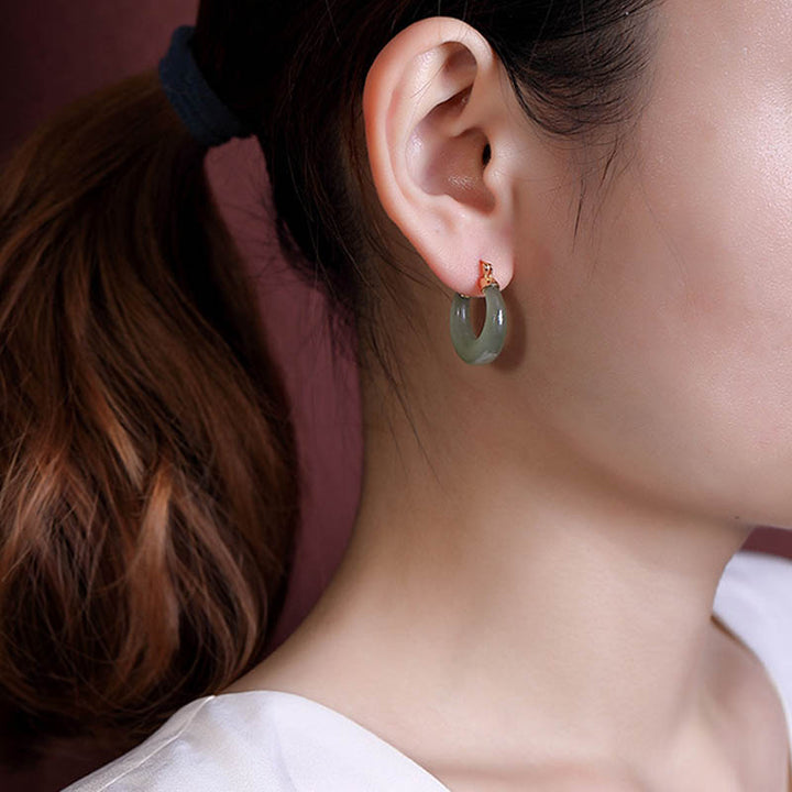 Buddha Stones Round Jade Cyan Jade Prosperity Luck Drop Earrings - image 10