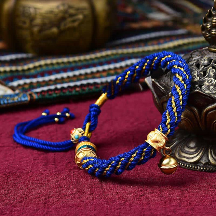 Buddha Stones Tibetan Handmade Luck Protection Thangka Prayer Wheel Bell Charm Braid String Bracelet - Dark Blue(Wrist Circumference 14-19cm) - image 14