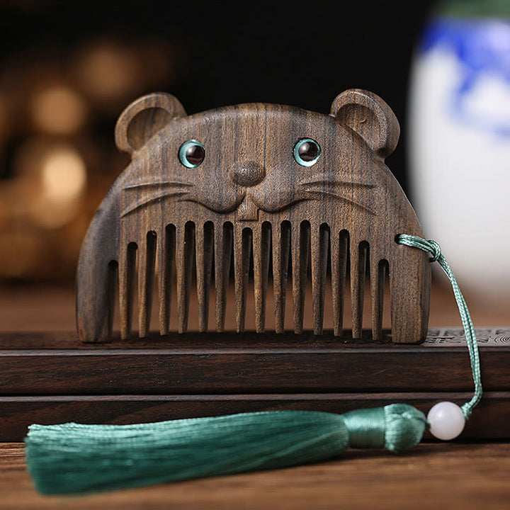 Chinese Zodiac Green Sandalwood Peace Mini Portable Comb - Chacate Preto Wood - Rat - image 5