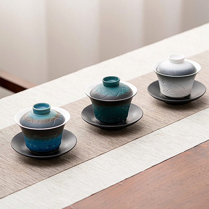 Buddha Stones Retro Blue Ocean Sea Waves Gradient Ceramic Gaiwan Sancai Teacup Kung Fu Tea Cup And Saucer With Lid - image 12