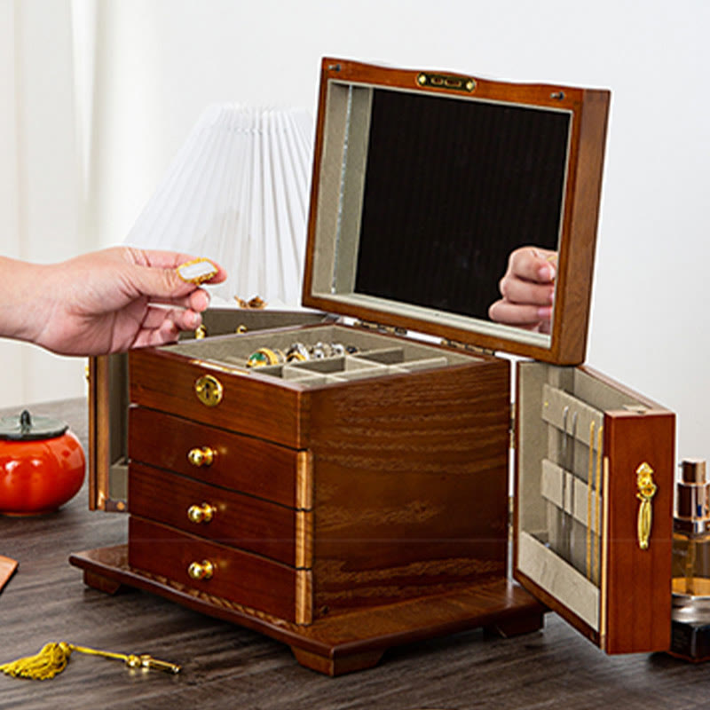 Buddha Stones Vintage Large Capacity Wooden Jewelry Box Jewelry Storage Box With Mirror - image 2