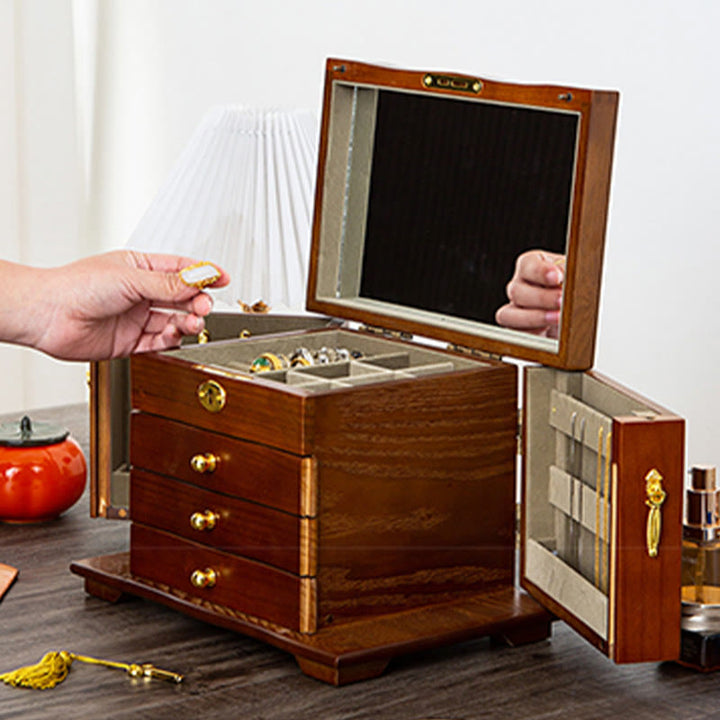 Buddha Stones Vintage Large Capacity Wooden Jewelry Box Jewelry Storage Box With Mirror - image 2