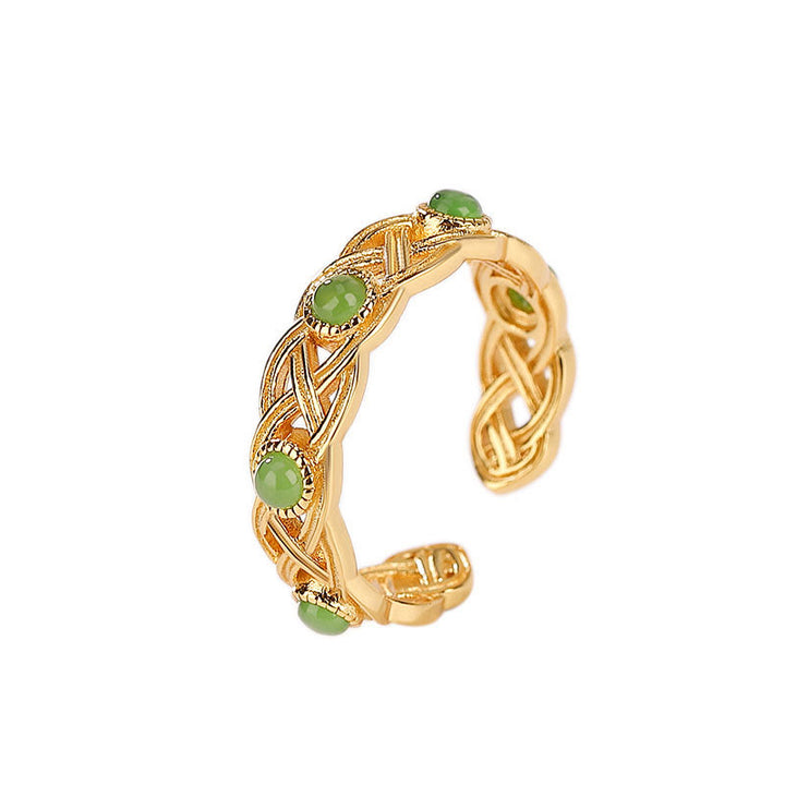 Buddha Stones 925 Sterling Silver Plated Gold Cyan Jade Braided Design Success Luck Adjustable Ring - image 5
