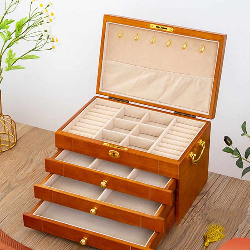 Buddha Stones Retro Solid Wood Jewelry Box Four-Layer Wooden Jewelry Storage Box - image 19