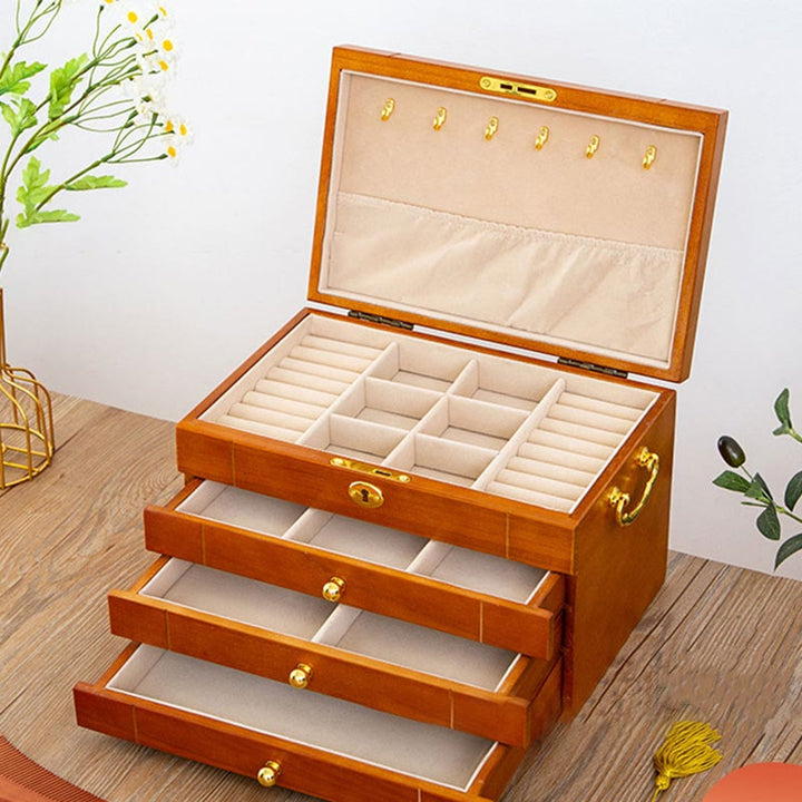 Buddha Stones Retro Solid Wood Jewelry Box Four-Layer Wooden Jewelry Storage Box - image 19