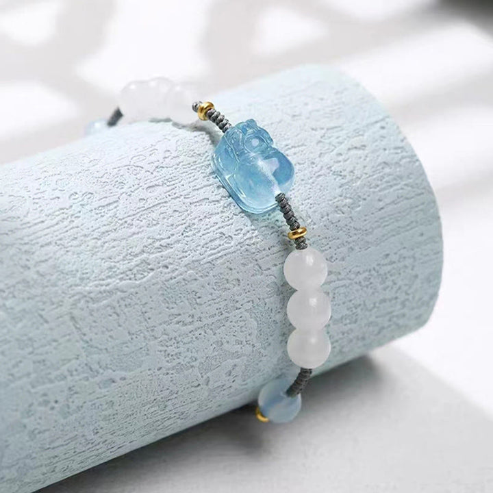 Buddha Stones Natural Aquamarine PiXiu Hetian White Jade Healing Bracelet - image 6