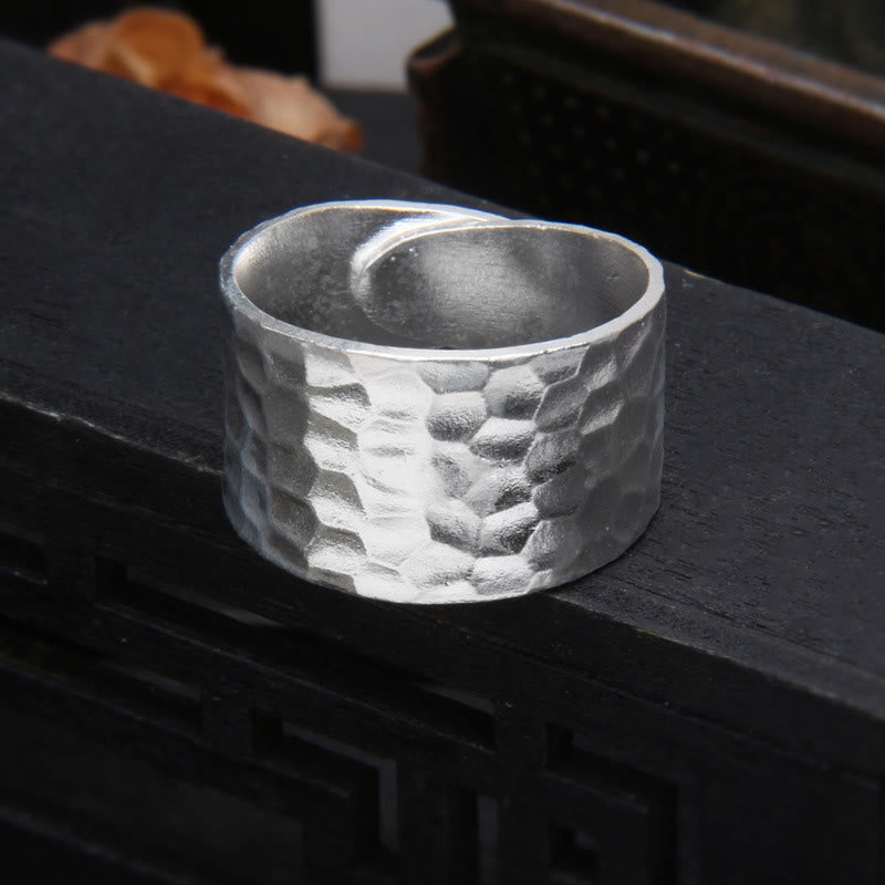 Buddha Stones Tibetan 990 Sterling Silver Handmade Rustic Hammered Pattern Ring - 990 Sterling Silver - image 0