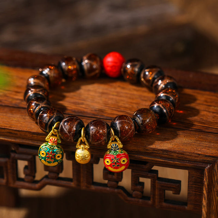 Buddha Stones Gold Swallowing Beast Family Colorful Cinnabar Bead Bracelet - Gold Swallowing Beast Cinnabar(Brown) - 14MM - image 10