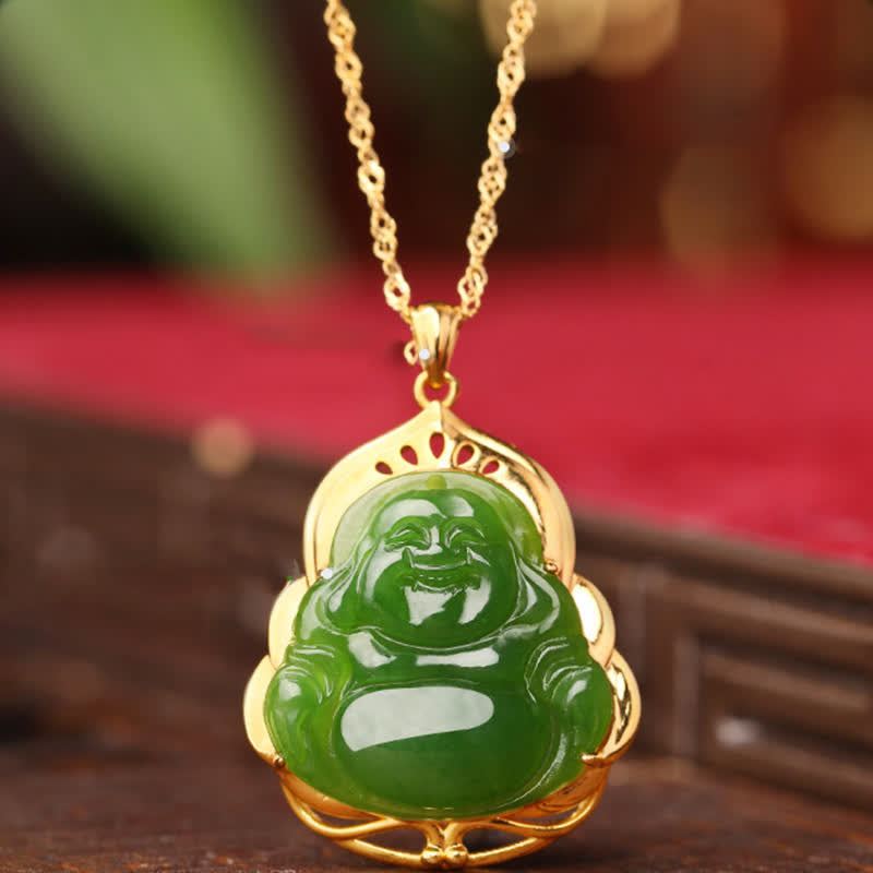 Buddha Stones 925 Sterling Silver Natural Hetian Cyan Jade Laughing Buddha 18K Gold Healing Necklace Chain Pendant - Hetian Cyan Jade (Success ♥ Healing) - image 0