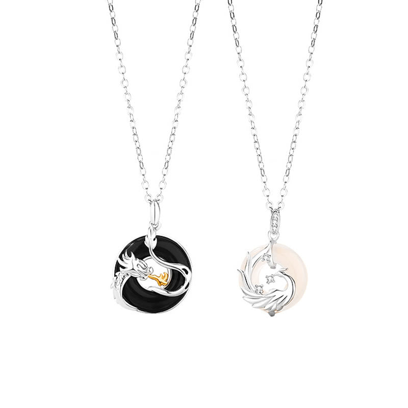 Buddha Stones 925 Sterling Silver Year of the Dragon Natural Black Onyx Chalcedony Dragon Phoenix Peace Buckle Protection Necklace Pendant - image 9