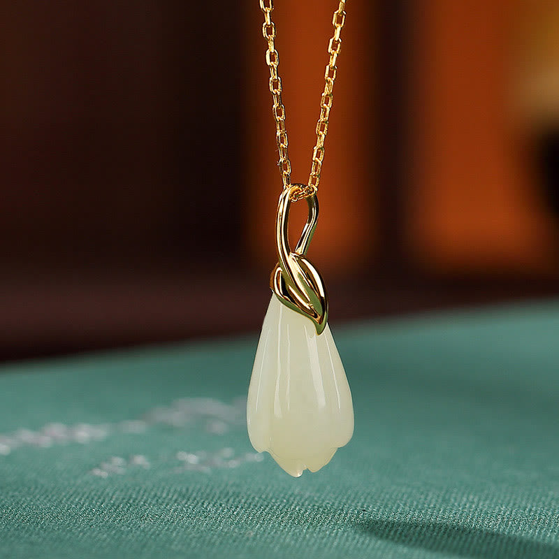 Buddha Stones 925 Sterling Silver Plated Gold Natural Hetian Jade Magnolia Flower Abundance Necklace Pendant - Hetian Jade(Prosperity♥Abundance) - image 0