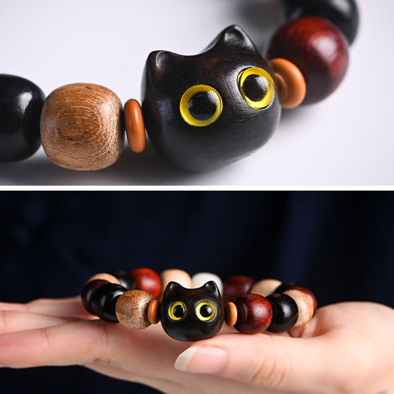 Buddha Stones Small Leaf Red Sandalwood Ebony Wood Cute Cat Engraved Protection Bracelet - image 8
