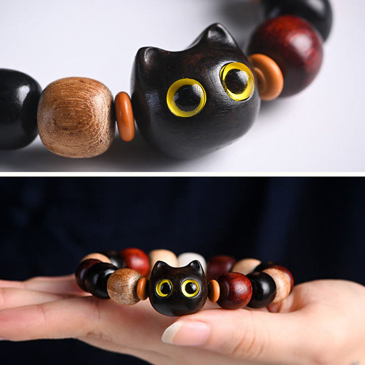 Buddha Stones Small Leaf Red Sandalwood Ebony Wood Cute Cat Engraved Protection Bracelet - image 8