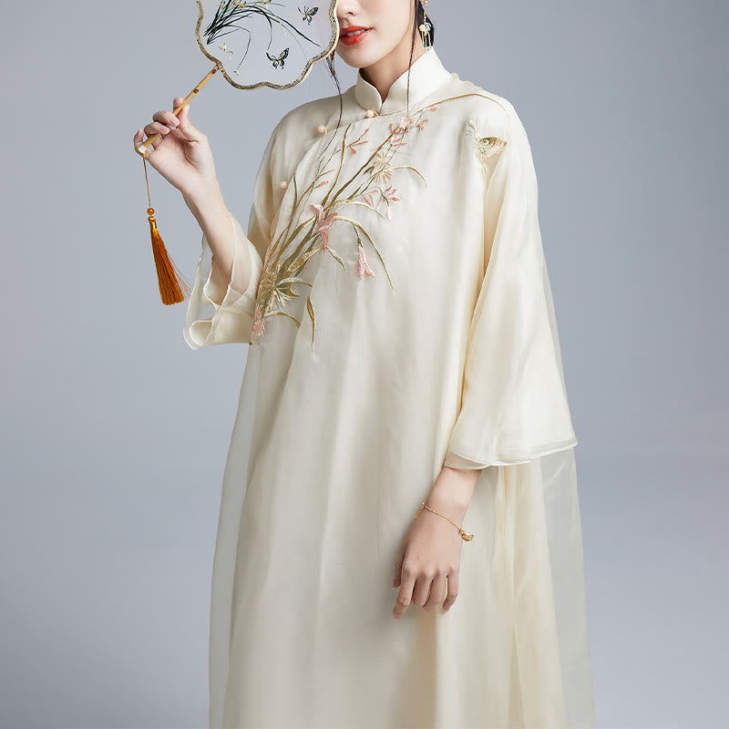 Buddha Stones 100% Mulberry Silk 6 Momme Dress Vintage Flower Butterfly Embroidery Qipao Dress Women's Cheongsam Dress - image 1