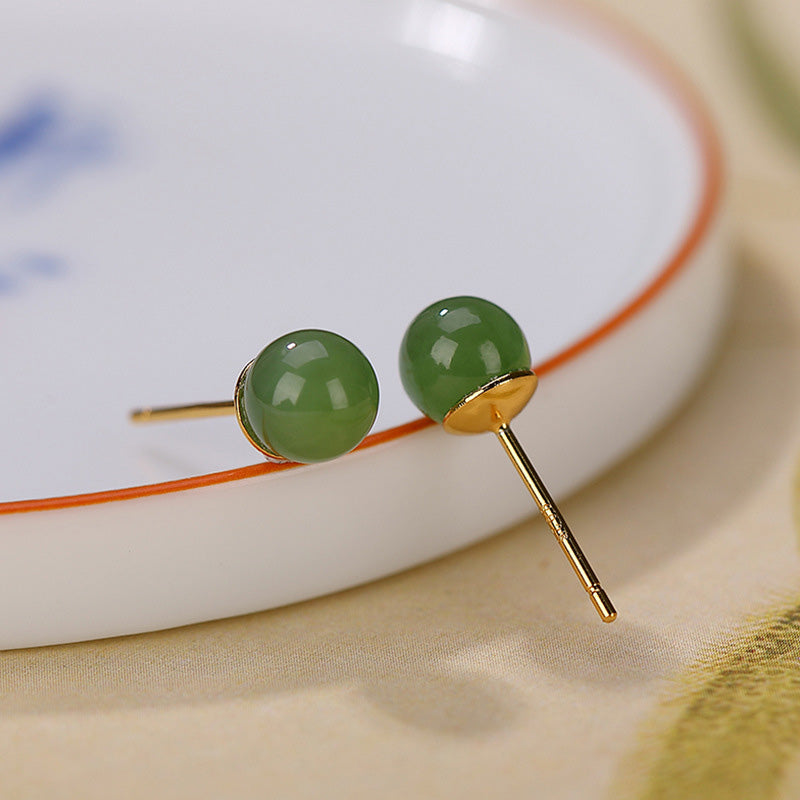 Buddha Stones 925 Sterling Silver Round Cyan Jade Healing Calm Stud Earrings - 6mm Cyan Jade-Gold - image 1