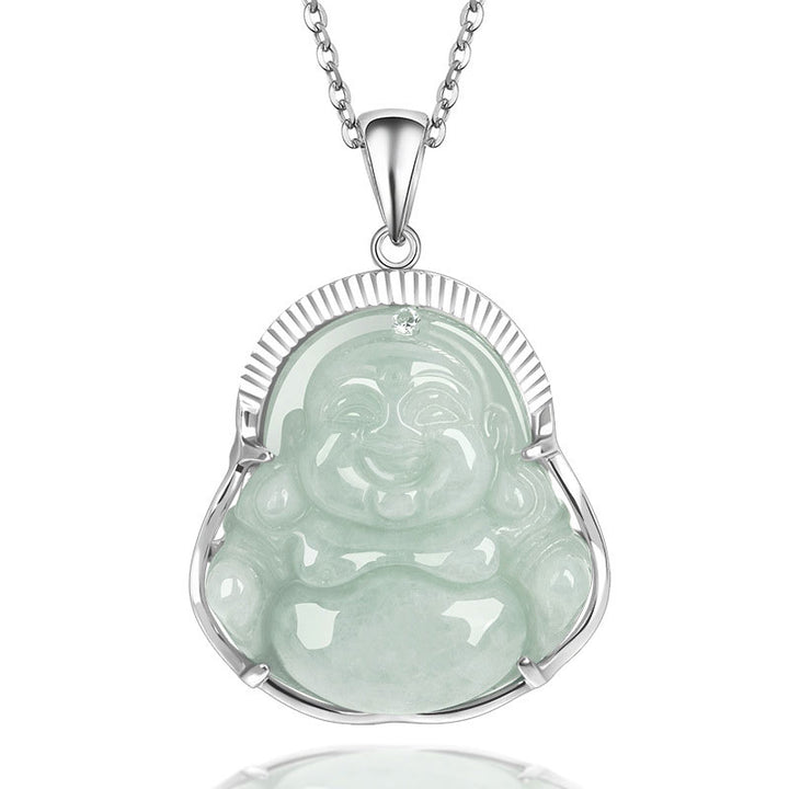 Buddha Stones 925 Sterling Silver Laughing Buddha Jade Luck Calm Necklace Chain Pendant - Jade - image 0
