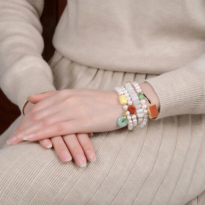 Buddha Stones 925 Sterling Silver Pearl Hetian Jade Red Agate Double Happiness Amber Luck Quadruple Wrap Bracelet - image 4