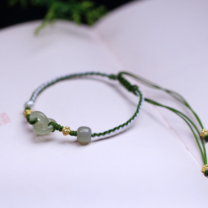 Buddha Stones 925 Sterling Silver Hetian Jade Double Peace Buckle Luck Braided Bracelet - image 4