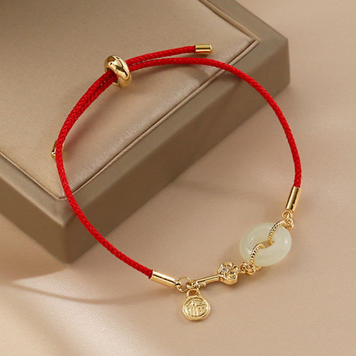 Buddha Stones 18K Gold Plated Hetian Jade Peace Buckle Fu Character Luck Red Rope Bracelet - image 9