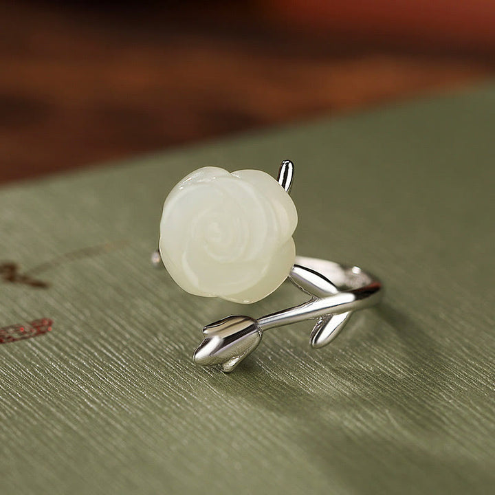 Buddha Stones 925 Sterling Silver Plated Gold Rose Flower Hetian White Jade Happiness Ring - Silver - image 8