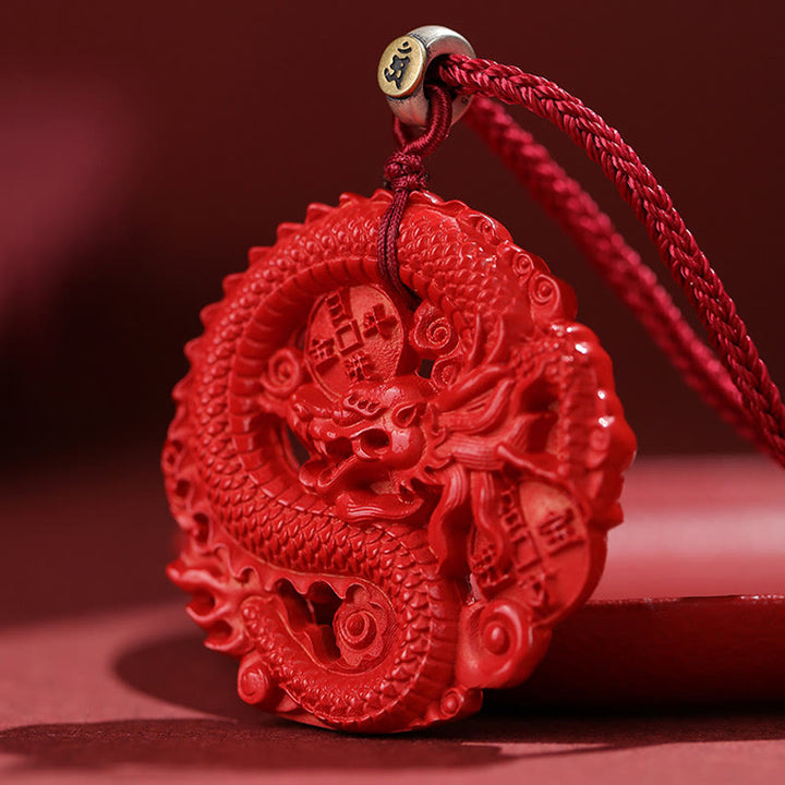Buddha Stones Year of the Dragon 925 Sterling Silver Natural Cinnabar Copper Coin Luck Necklace Pendant - image 5