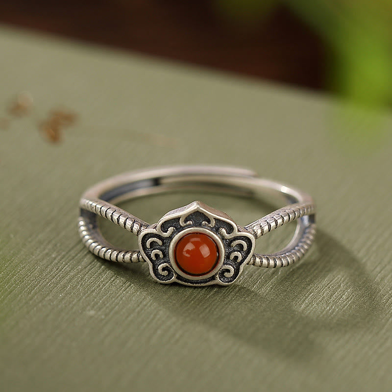 Buddha Stones 925 Sterling Silver Red Agate Bead Logical Thinking Ring - image 2