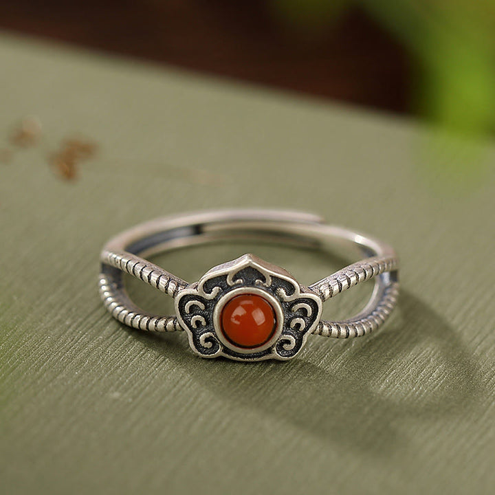 Buddha Stones 925 Sterling Silver Red Agate Bead Logical Thinking Ring - image 2