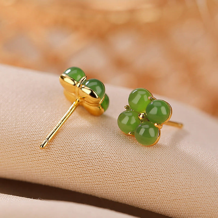 Buddha Stones 925 Sterling Silver Plated Gold Natural Cyan Jade Four Leaf Clover Luck Stud Earrings - image 2