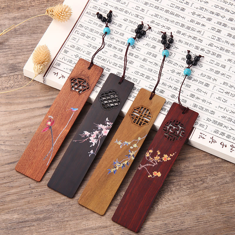 Buddha Stones 4Pcs Four Seasons Plum Orchid Bamboo Chrysanthemum Peking Opera Mask Wood Bookmarks With Gift Box - 4Pcs Four Seasons - image 0