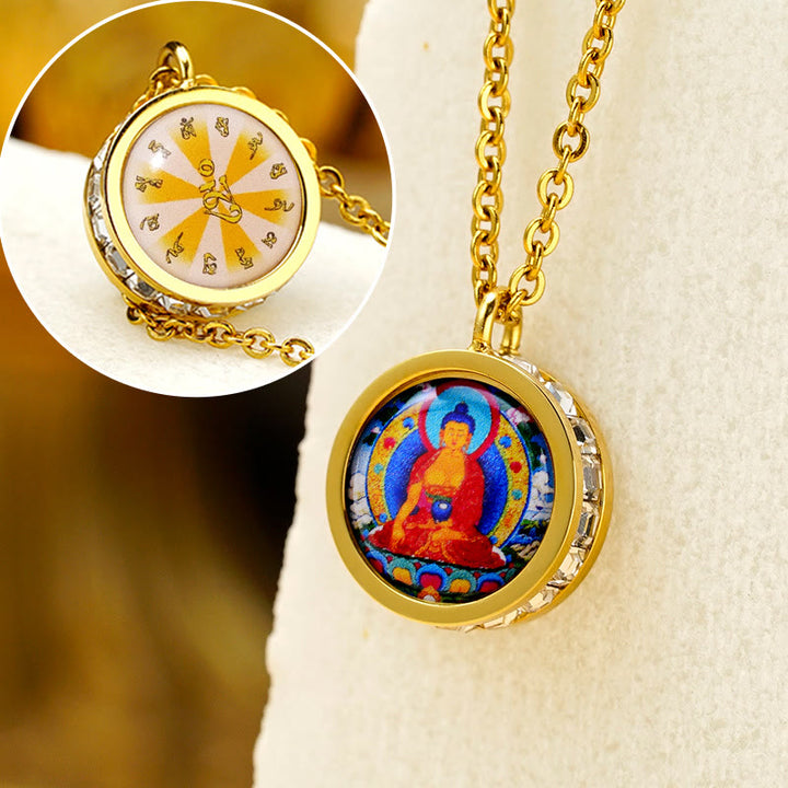 Buddha Stones Tibetan Yellow God Of Wealth Green Tara Buddha Serenity Titanium Steel Necklace Pendant - Front Sakyamuni Buddha Back Mantra - image 14