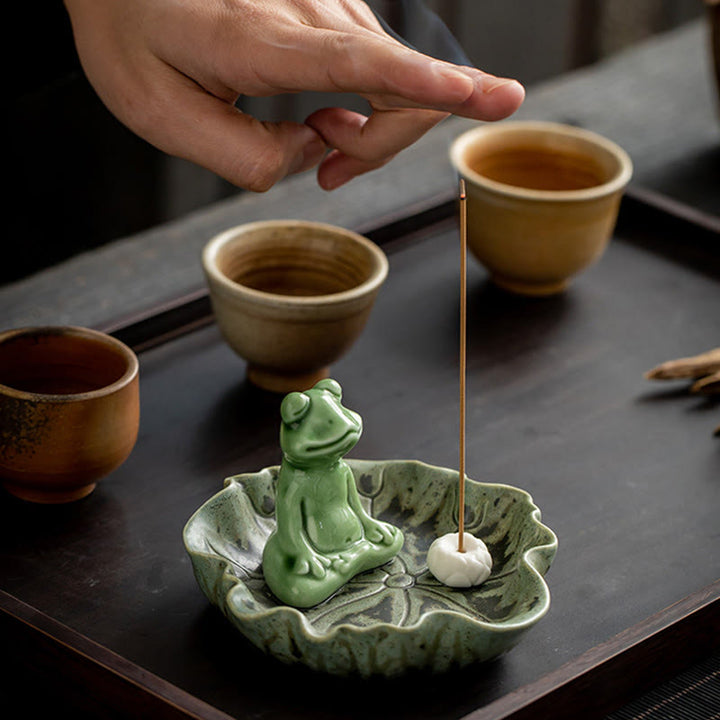 Buddha Stones Leaf Meditation Frog Pattern Healing Ceramic Incense Burner Decoration - image 4