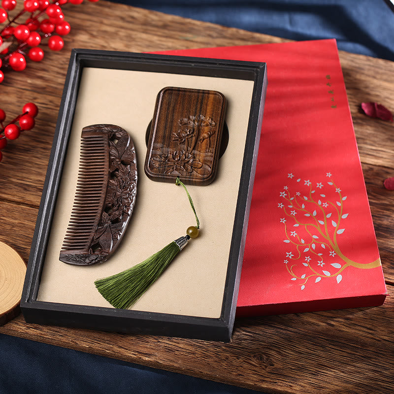 Natural Green Sandalwood Rosewood Lotus Flower Peacock Butterfly Engraved Soothing Comb - Chacate Preto Wood-Double Butterfly+Lotus Square Mirror - image 3