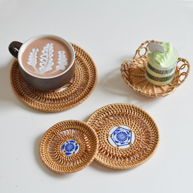 Ceramic Flower Pattern Rattan Cup Mat Tea Cup Coaster - image 3