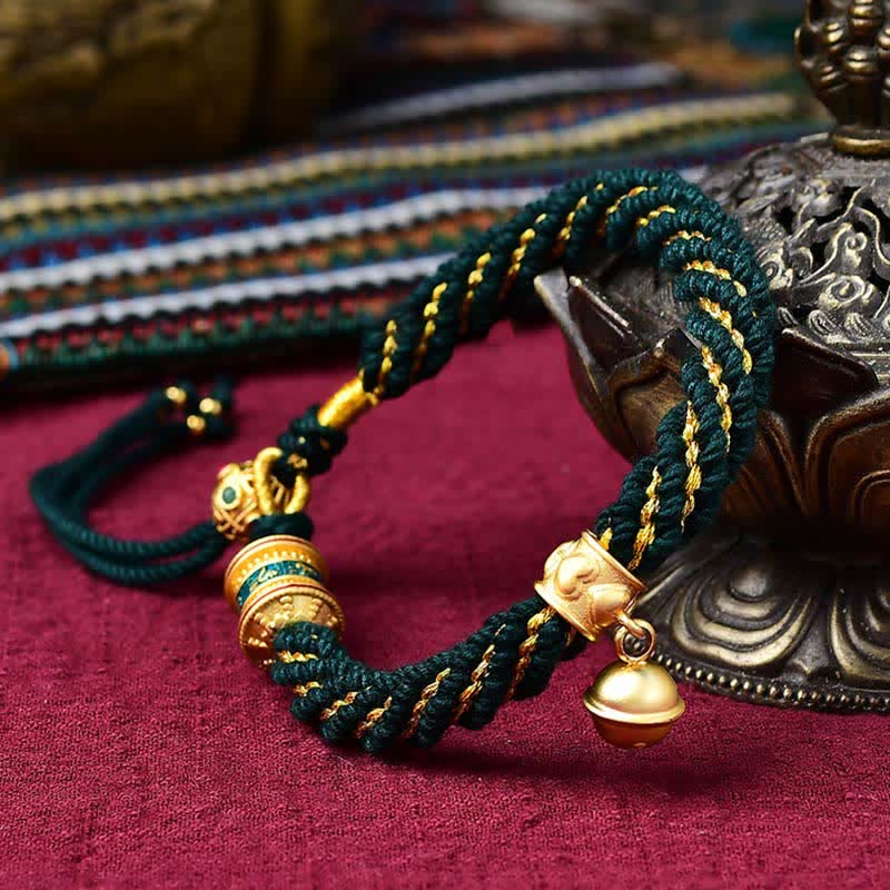 Buddha Stones Tibetan Handmade Luck Protection Thangka Prayer Wheel Bell Charm Braid String Bracelet - Black(Wrist Circumference 14-19cm) - image 12