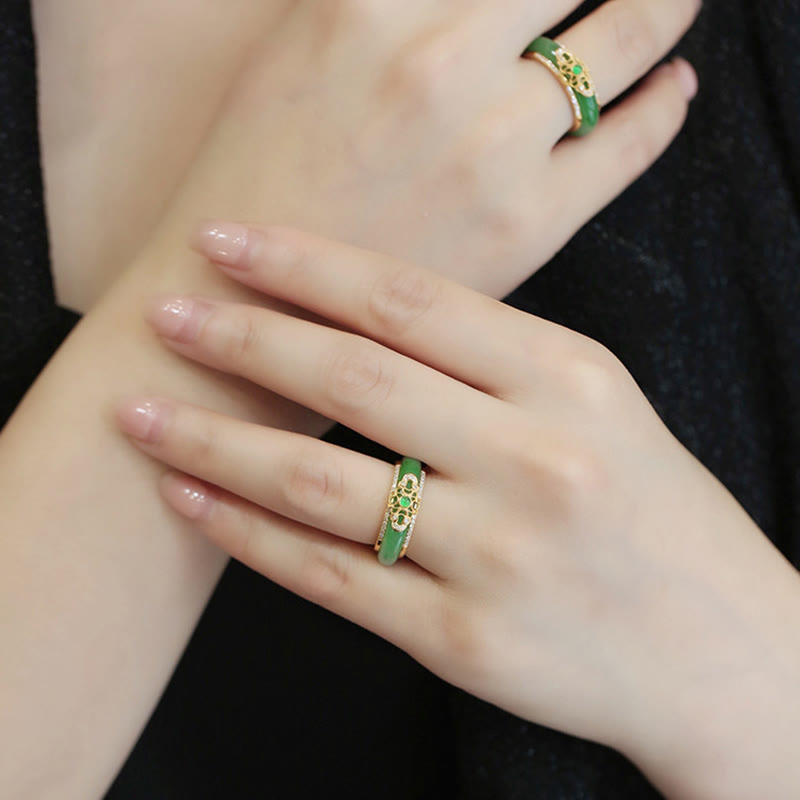 Buddha Stones 18K Gold Plated Natural Green Chalcedony Strength Ring - image 2